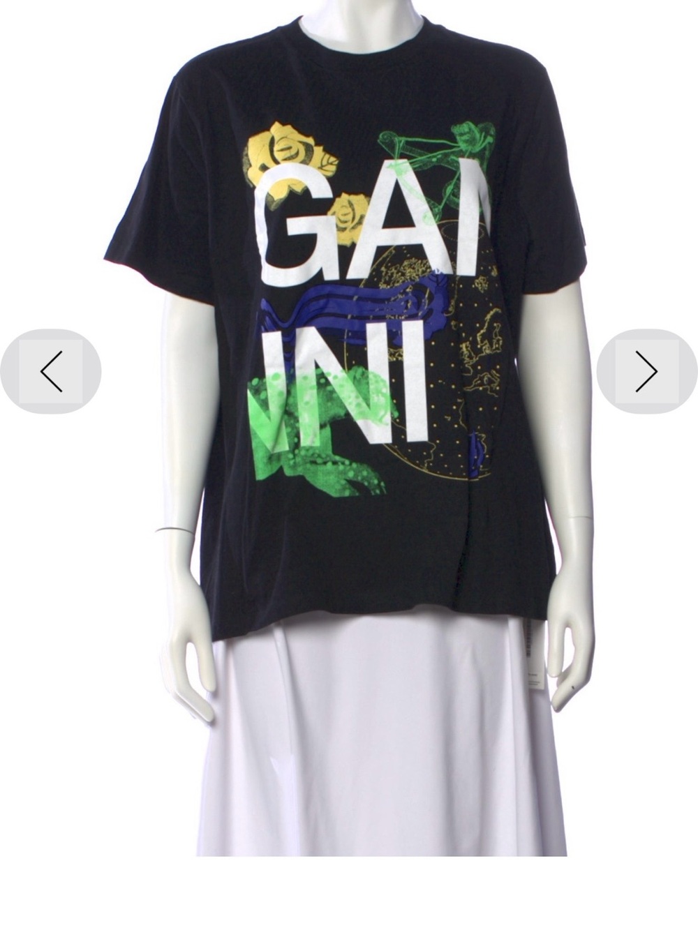 NWT GANNI Graphic Print Crew Neck T-Shirt Black 100% Cotton Size L